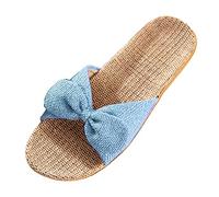 Generisch Pantofole da donna con fiocco, pantofole estive aperte boho, sandali piatti estivi da spiaggia, in lino, per il tempo libero, comode pantofole da spiaggia, sandali estivi, Blu, 41 EU