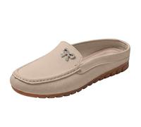 Generisch Pantofole da donna con grazioso fiocco, realizzate a mano, in pelle, comode, suola morbida, leggere, slip sul retro, aperti, per il tempo libero, per interni ed esterni, cachi, 37 EU