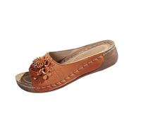 Generisch Pantofole da donna in pelle, sandali ortopedici, sandali estivi 2025, decorazione floreale, eleganti zeppa, sandali estivi, marrone, 37 EU