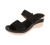 Generisch Pantofole da donna in stile retrò, stile romano, per il tempo libero, con fiori e una parola, punta aperta, con tacco aperto, Nero , 38 EU