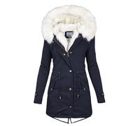 Generisch Parka da donna con cappuccio, rifiniture in pelliccia e vita sciancrata. Cappotto invernale elegante e caldo per la stagione autunnale e invernale, Blu marino, L