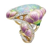 Generisch Pearl Ring Enamel Painted Flower Leaves Ring Vintage Jewelry Full Zircon Lady Gold Opal Green For Woman Ringelshirt Carnevale, Taglia unica, Rame, Nessuna pietra preziosa