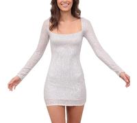 Generisch Petite Abiti Da Donna Vestito con Paillettes Per Donna Con Maniche Lunghe Scollatura Quadrata Come Mini Abito Glitter Glitter Elegante Occasioni Come Matrimoniali Cocktail Party Estate