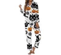 Generisch Pigiama 2026 con stampa di Halloween, maglietta a maniche lunghe con bottoni e pantaloni comodi per una comoda biancheria da notte per rilassarsi