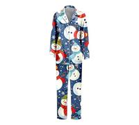 Generisch Pigiama a maniche lunghe con stampa natalizia in seta per famiglie a tre persone, genitori, bambini, set in elegante stile mamma, Blu, L