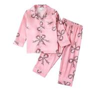 Generisch Pigiama a maniche lunghe per bambine in morbida seta di ghiaccio con motivo a fiocchi e cuori, morbido abbigliamento da salotto per bambini e bambini, rosa intenso, 9-10 Jahre