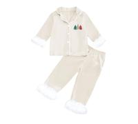Generisch Pigiama a maniche lunghe per ragazzi con colletto aperto sul davanti, homewear, loungewear per bambini, abiti da vacanza in famiglia, beige., 8-9 Anni