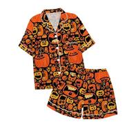 Generisch Pigiama adolescente ragazza tempo libero pigiama per bambini con stampa halloween colletto bottone, maniche corte, top pantaloncini bambini pigiama ragazzi 140, Blu, 12-13 Anni