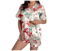 Generisch Pigiama casual da donna in raso di seta con design natalizio per notti accoglienti nella stagione fredda, beige., L