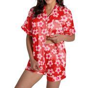 Generisch Pigiama casual da donna, in raso di seta con maglietta a maniche corte stampate, per una comoda biancheria da notte, Colore: rosso, L