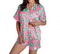 Generisch Pigiama casual da donna in raso di seta con stampa a maniche corte e bottoni, per una comoda biancheria da notte, giallo., XL