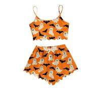 Generisch Pigiama con polsini, Halloween, pigiama corto da donna, in cotone, set da due pezzi, pigiama estivo, a maniche corte, biancheria da notte da donna, Pajama B4-arancione, L