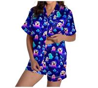 Generisch Pigiama con stampa sanguinosa, casual, a forma di zucca, per Halloween, da donna, elegante, bottoni, Negligee, Pajamas B1 - Blu, S