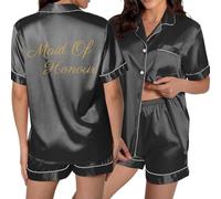 Generisch Pigiama corto da donna con bottone tascabile, design stampato per rilassamento, comfort nella vita di tutti i giorni, articoli scolastici, Nero , M