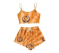 Generisch Pigiama corto da donna, estivo, senza maniche, top e pantaloncini, biancheria da notte da donna, per Halloween, per la casa, pigiama lungo, set invernale in cotone, morbido PJS da donna