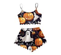 Generisch Pigiama corto da donna, estivo, senza maniche, top e pantaloncini, biancheria da notte da donna, per Halloween, per la casa, pigiama lungo, set invernale in cotone, morbido PJS da donna