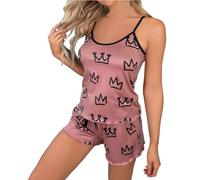 Generisch Pigiama corto da donna, set da 2 pezzi, con bottoni e tasche, a maniche corte, da donna, estivo, per la casa, Pajamas B4-hot Rosa, XL