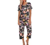 Generisch Pigiama corto da donna, set da 2 pezzi, maglietta da notte e maniche a 3/4, in raso, taglie forti, pigiameria, a maniche corte, pigiama, stampa casual, loungewear, Colore: arancione., S