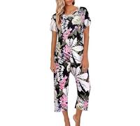 Generisch Pigiama corto da donna, set da 2 pezzi, maglietta da notte e maniche a 3/4, in raso, taglie forti, pigiameria, a maniche corte, pigiama, stampa casual, loungewear, bianco, S