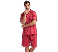Generisch Pigiama corto da uomo in raso, set di pigiami con bottoni, camicia da notte con pantaloncini, pigiama da 2 pezzi, set di biancheria da notte e pantaloni corti, loungewear, O rosso., XL