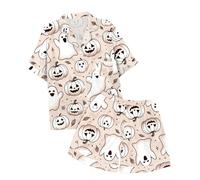Generisch Pigiama da bambina 128 con stampa di Halloween, colletto a bottone, a maniche corte, pantaloncini per Halloween, pigiama per bambini, Celeste., 4-5 Anni