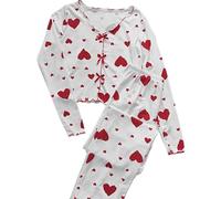 Generisch Pigiama da donna a maniche lunghe con motivo a cuore, taglio sciancrato, adatto per la primavera e l'inverno, lavabile in lavatrice, comodo pigiama per il tempo libero, Colore: rosso, M
