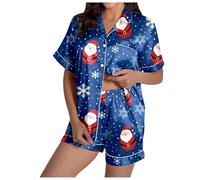 Generisch Pigiama da donna casual in raso di seta con stampa natalizia, motivo pupazzo di neve, Babbo Natale, stella per notti accoglienti nella stagione fredda, comoda biancheria da notte, Blu, L