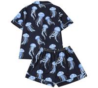 Generisch Pigiama da donna con motivo meduse - Pigiama a maniche corte con camicia e pantaloncini | Biancheria da notte marittima per l'estate, Stil_i01 Nero, S
