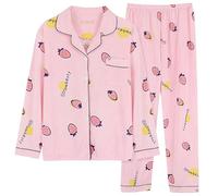 Generisch Pigiama da donna, con stampa con bottoni e colletto a camicia, biancheria da notte in due pezzi, leggero, a maniche lunghe, con scollo a V, morbido pigiama in seta, Z02Wein, XL