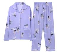 Generisch Pigiama da donna, con stampa con bottoni e colletto a camicia, biancheria da notte in due pezzi, leggero, a maniche lunghe, con scollo a V, morbido pigiama in seta, Z01 viola, M