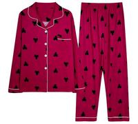 Generisch Pigiama da donna, con stampa con bottoni e colletto a camicia, biancheria da notte in due pezzi, leggero, a maniche lunghe, con scollo a V, morbido pigiama in seta, Colore: rosso, XL