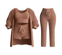 Generisch Pigiama da donna, corto, 4 pezzi, sexy, per la casa, elegante, solido, set di biancheria da notte con scollo rotondo, a vita alta, pantaloncini a maniche lunghe, cappotto sportivo, set