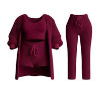 Generisch Pigiama da donna, corto, 4 pezzi, sexy, per la casa, elegante, solido, set di biancheria da notte con scollo rotondo, a vita alta, pantaloncini a maniche lunghe, cappotto sportivo, set