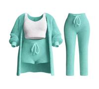 Generisch Pigiama da donna, corto, 4 pezzi, sexy, per la casa, elegante, solido, set di biancheria da notte con scollo rotondo, a vita alta, pantaloncini a maniche lunghe, cappotto sportivo, set