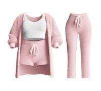 Generisch Pigiama da donna, corto, 4 pezzi, sexy, per la casa, elegante, solido, set di biancheria da notte con scollo rotondo, a vita alta, pantaloncini a maniche lunghe, cappotto sportivo, set