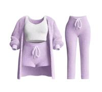 Generisch Pigiama da donna, corto, 4 pezzi, sexy, per la casa, elegante, solido, set di biancheria da notte con scollo rotondo, a vita alta, pantaloncini a maniche lunghe, cappotto sportivo, set