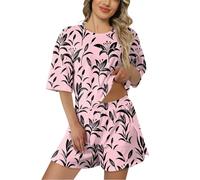 Generisch Pigiama da donna corto in cotone, 2 pezzi, pigiama da casa, a maniche corte, con tasche, Pajama B3-rosa, XXL