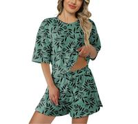 Generisch Pigiama da donna, corto, senza maniche, a maniche corte, in cotone, in due pezzi, in raso, a maniche corte, set estivo, pigiama da donna, Pajamas B1-verde scuro, XL