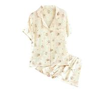 Generisch Pigiama da donna in cotone, per l'inverno, con girocollo, per la casa, con polsini, pigiama corto da donna, Pajamas B5-kaki, M