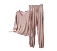 Generisch Pigiama da donna in due pezzi, termico, girocollo, a maniche lunghe, termico, comodo, per il sonno, invernale, morbido, slim fit, biancheria da notte, b, M