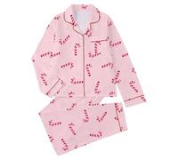 Generisch Pigiama da donna in raso, a maniche lunghe, con abbottonatura, scollo a V, in due pezzi, biancheria da notte morbida in seta, classico loungewear lungo, Rosa-e, XL