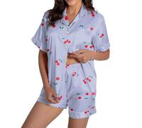 Generisch Pigiama da donna in raso con motivo ciliegia, set di due pezzi con camicia e pantaloncini, biancheria da notte estiva dal design giocoso, Stil_g02 blu, XL