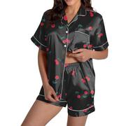 Generisch Pigiama da donna in raso con motivo ciliegia, set di due pezzi con camicia e pantaloncini, biancheria da notte estiva dal design giocoso, Stil_g01 Nero, S