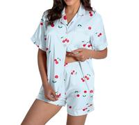 Generisch Pigiama da donna in raso con motivo ciliegia, set di due pezzi con camicia e pantaloncini, biancheria da notte estiva dal design giocoso, Stil_g03 blu, M