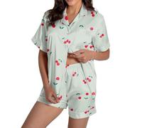 Generisch Pigiama da donna in raso con motivo ciliegia, set di due pezzi con camicia e pantaloncini, biancheria da notte estiva dal design giocoso, Stil_g04 verde, S