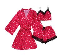 Generisch Pigiama da donna in raso di seta, 3 pezzi, lingerie in pizzo floreale, biancheria da notte con veste, Vino, XL