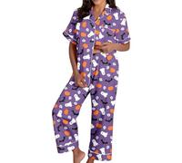 Generisch Pigiama da donna, in raso di seta per Halloween, a maniche corte, con bottoni, pantaloncini, comoda biancheria da notte per la stagione più fresca, abbigliamento da donna elegante, Lilla