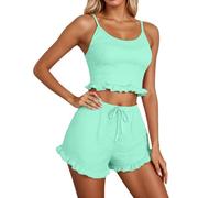 Generisch Pigiama da donna in spugna con scollo a V, senza maniche, con inserti in pizzo, biancheria da notte con pantaloncini, set da notte da donna, Verde menta, S