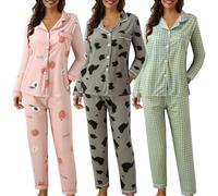 Generisch Pigiama da donna, lungo, autunno, inverno, caldo, in cotone, biancheria intima termica, pigiameria, pigiameria, pigiama a quadri, in due pezzi, per il tempo libero, Grigio 6, XL