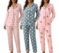 Generisch Pigiama da donna, lungo, autunno, inverno, caldo, in cotone, biancheria intima termica, pigiameria, pigiameria, pigiama a quadri, in due pezzi, per il tempo libero, Rosa7, XL
